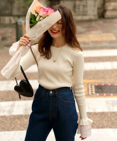 titivate(ティティベイト)の「クルーネック袖口レース2wayリブニット(ニット/セーター・レディース・アイボリー/ネイビー/ブラック・S/M)」の9枚目の写真