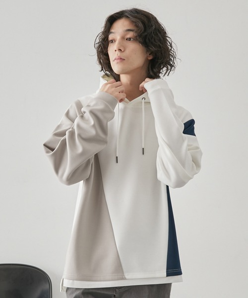 JUNRED(ジュンレッド)の「ブロッキングフェイクレイヤードプルパーカー(パーカー・メンズ・ベージュ系その他/グリーン/ホワイト・M/L/LL)」の4枚目の写真