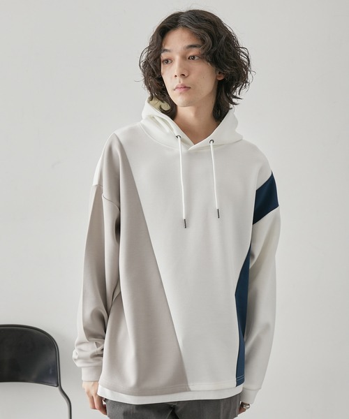 JUNRED(ジュンレッド)の「ブロッキングフェイクレイヤードプルパーカー(パーカー・メンズ・ベージュ系その他/グリーン/ホワイト・M/L/LL)」の5枚目の写真