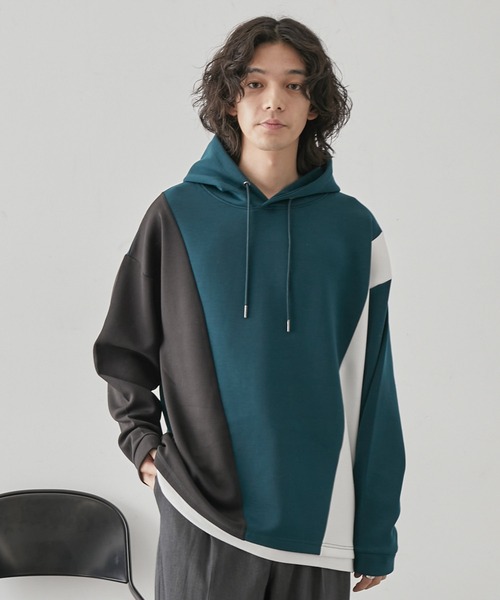 JUNRED(ジュンレッド)の「ブロッキングフェイクレイヤードプルパーカー(パーカー・メンズ・ベージュ系その他/グリーン/ホワイト・M/L/LL)」の6枚目の写真