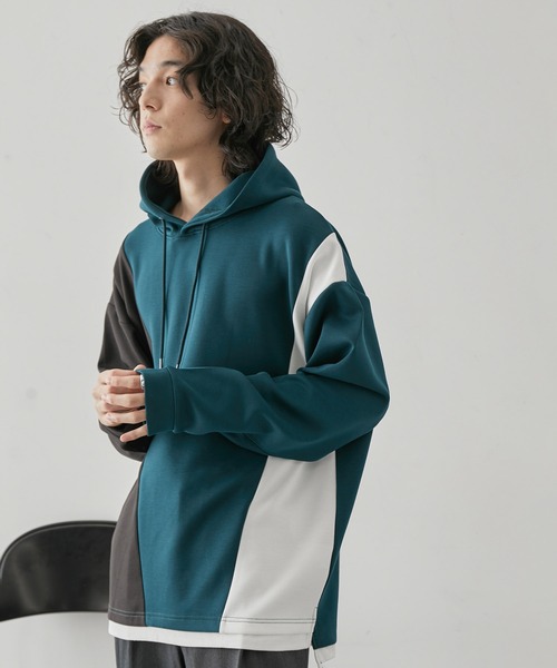 JUNRED(ジュンレッド)の「ブロッキングフェイクレイヤードプルパーカー(パーカー・メンズ・ベージュ系その他/グリーン/ホワイト・M/L/LL)」の7枚目の写真