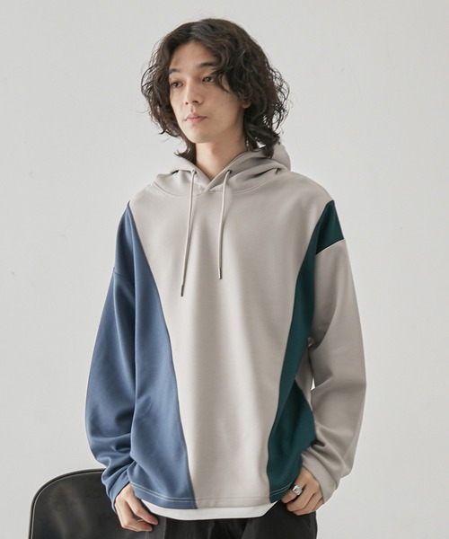 JUNRED(ジュンレッド)の「ブロッキングフェイクレイヤードプルパーカー(パーカー・メンズ・ベージュ系その他/グリーン/ホワイト・M/L/LL)」の8枚目の写真