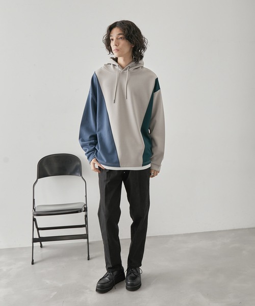 JUNRED(ジュンレッド)の「ブロッキングフェイクレイヤードプルパーカー(パーカー・メンズ・ベージュ系その他/グリーン/ホワイト・M/L/LL)」の13枚目の写真