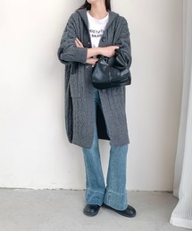 フード付きロングニットカーディガン