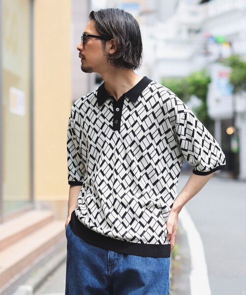 B:MING by BEAMS(ビーミングバイビームス)の「B:MING by BEAMS / 幾何学柄 ジャカード ニット ポロシャツ(ポロシャツ・メンズ・オレンジ/ホワイト系その他5・SMALL/X-LARGE/LARGE/MEDIUM)」の5枚目の写真