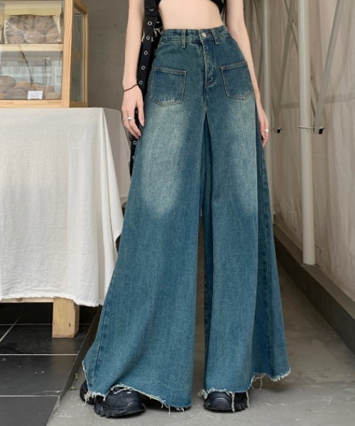 GEMEDA(ジェメダ)の「ハイウエストワイドフルレングスデニムパンツ(デニムパンツ・レディース・ネイビー/ライトブルー・S/M/L)」の1枚目の写真