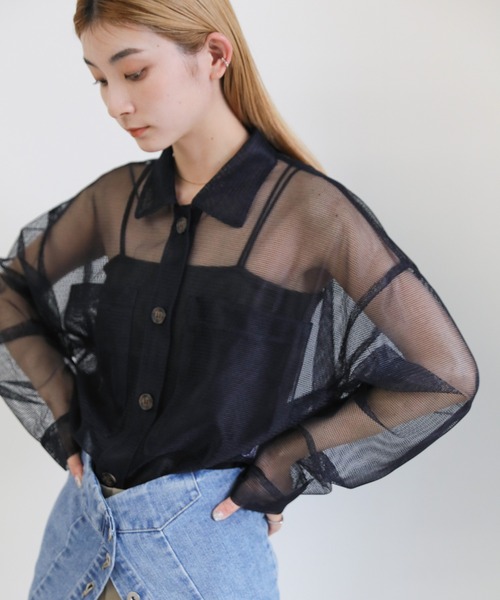 select MOCA(セレクトモカ)の「メッシュラメショートシャツ(シャツ/ブラウス・レディース・アイボリー/ネイビー/ライトグリーン・FREE)」の2枚目の写真