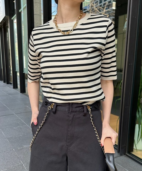 DouDou(ドゥドゥ)の「5分袖ニットTEE(Tシャツ/カットソー・レディース・ホワイト/ブラック/オフホワイト/レッド・FREE)」の3枚目の写真