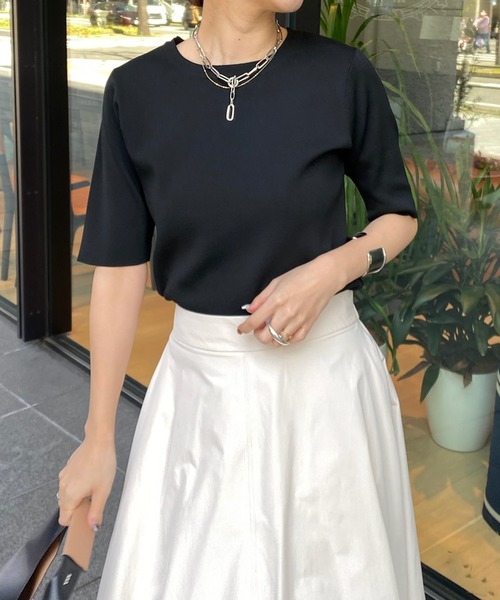 DouDou(ドゥドゥ)の「5分袖ニットTEE(Tシャツ/カットソー・レディース・ホワイト/ブラック/オフホワイト/レッド・FREE)」の4枚目の写真