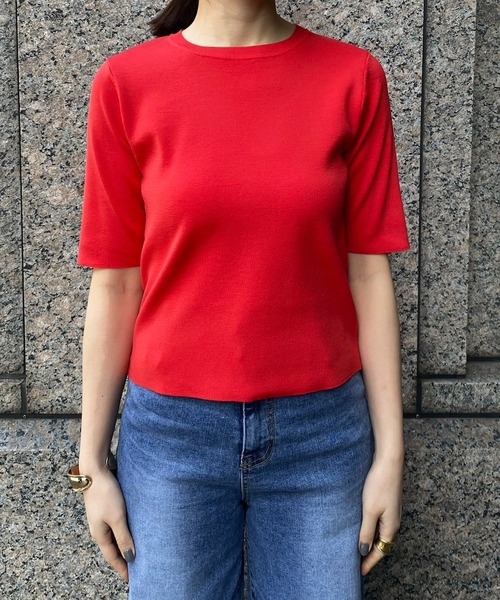 DouDou(ドゥドゥ)の「5分袖ニットTEE(Tシャツ/カットソー・レディース・ホワイト/ブラック/オフホワイト/レッド・FREE)」の13枚目の写真