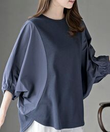 異素材切替7分袖ワッフルドルマンワイドプルオーバー