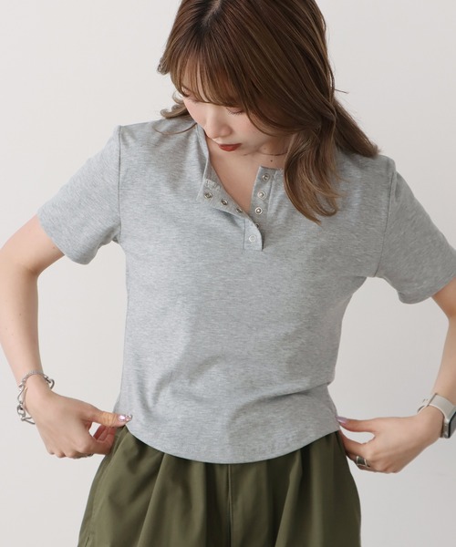 BLANK　（ブランク）の「Henry Neck T-Shirt / ヘンリーネックT 半袖（Tシャツ/カットソー・レディース・ホワイト/ライトグレー/ブラック/ライトブルー・FREE）」の10枚目の写真