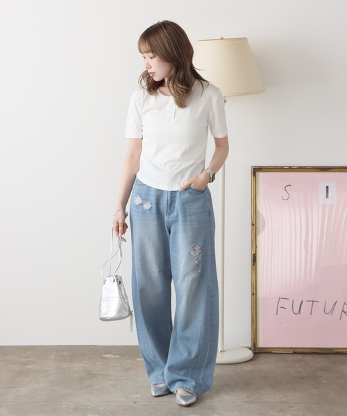 BLANK　（ブランク）の「Henry Neck T-Shirt / ヘンリーネックT 半袖（Tシャツ/カットソー・レディース・ホワイト/ライトグレー/ブラック/ライトブルー・FREE）」の6枚目の写真