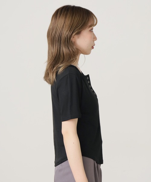 BLANK　（ブランク）の「Henry Neck T-Shirt / ヘンリーネックT 半袖（Tシャツ/カットソー・レディース・ホワイト/ライトグレー/ブラック/ライトブルー・FREE）」の14枚目の写真