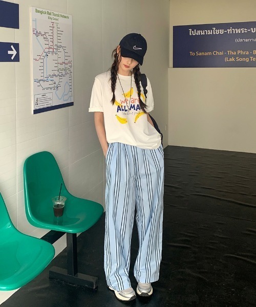 B.R.U(ブル)の「ポリエステルストライプパンツ(その他パンツ・レディース・グリーン/ブルー・FREE)」の4枚目の写真