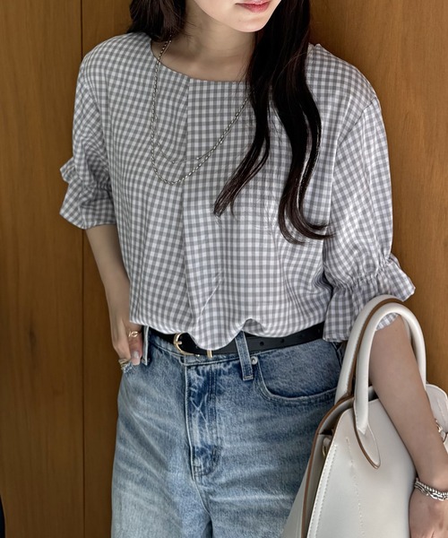 ikka(イッカ)の「冷感袖切り替えブラウス(シャツ/ブラウス・レディース・ネイビー/グレー/ブルー・M/L/S)」の1枚目の写真