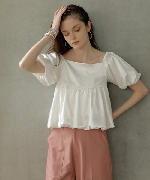 MIELI INVARIANT（ミエリインヴァリアント）の「2way Satin Balloon Blouse（シャツ/ブラウス・レディース・ブラック/ホワイト・FREE）」の4枚目の写真