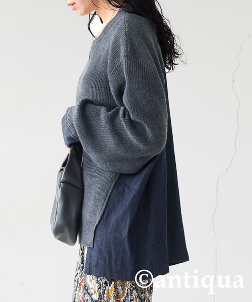 美品☆BEARDSLEY☆カシミヤ混変形ドット切り替えニット ブラック フリー ムースタッチニット柄編みクルーネックトップス＜大きいサイズ有
