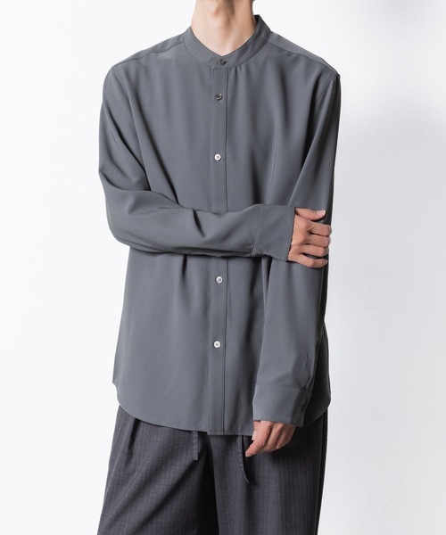 【美品】ルフィル TRツイルスリットスリーブ　バンドカラー　シャツ　ブラウス 美品】ルフィル TRツイルスリットスリーブ バンドカラー シャツ