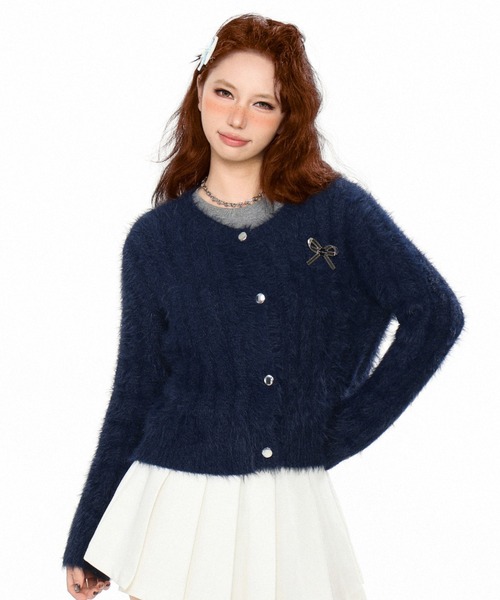 新品同様☆ミニフリル ニットカーディガン　／カラー　ブラック セール】カラー追加で全6色！ふわっと可愛いシャギーニット