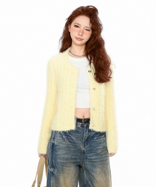 韓国　sienne ニットカーディガン イエロー セール】カラー追加で全6色！ふわっと可愛いシャギーニット