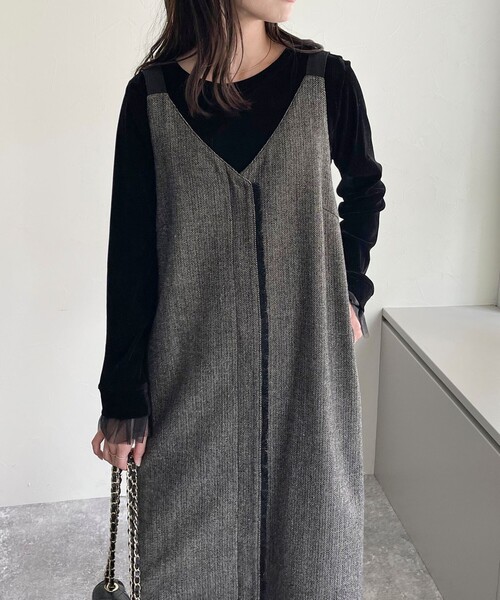 fredy emue（フレディエミュ）の「ツィード前開きキャミワンピース（ワンピース・レディース・チャコールグレー/ブラウン・36/38）」の7枚目の写真