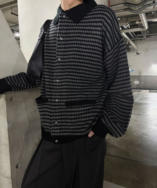 epnok（エプノック）の「【EPNK】Nuance border collar knit cardigan / ニュアンスボーダーカラーニットカーディガン（カーディガン/ボレロ・メンズ・ネイビー/ブラック・LARGE/SMALL/MEDIUM）」の3枚目の写真