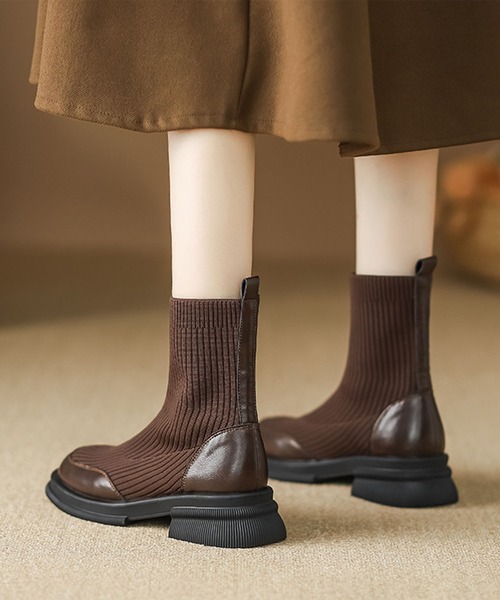 shoes365(シューズスリーシックスファイヴ)の「【shoes365】リブニットブーツ(ブーツ・レディース・ブラウン/ブラック・22.5cm/23.0cm/23.5cm/24.0cm/24.5cm)」の1枚目の写真