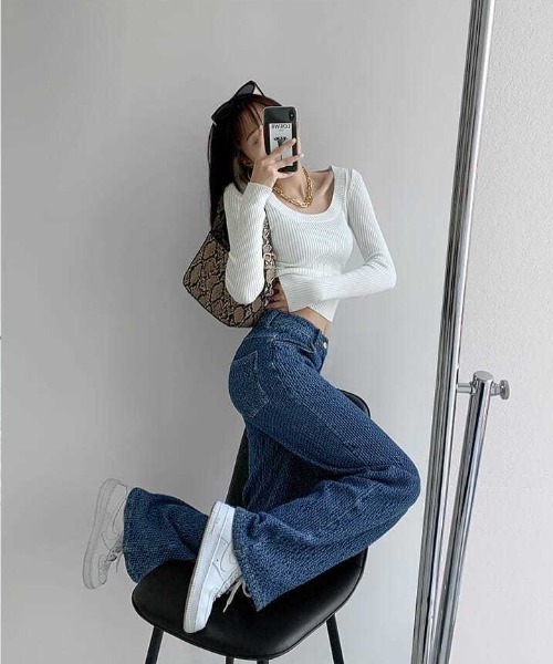 Coo+i(クーイ)の「ぽこぽこ生地ハイウエストストレートデニムパンツ(デニムパンツ・レディース・ブルー/ブラック・S/M/L)」の12枚目の写真