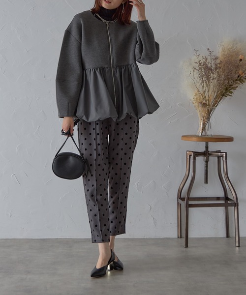 セール】ペプラムジップアップノーカラージャケット（ノーカラー