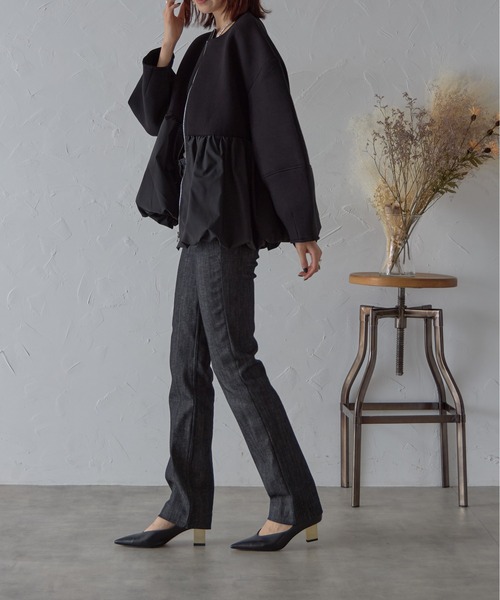 セール】ペプラムジップアップノーカラージャケット（ノーカラー