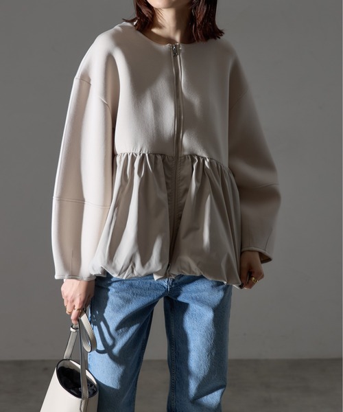 ペプラムジップアップノーカラージャケット（ノーカラージャケット