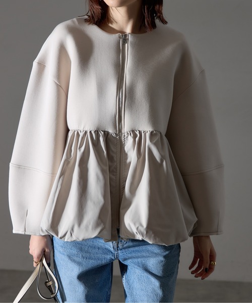 セール】ペプラムジップアップノーカラージャケット（ノーカラー