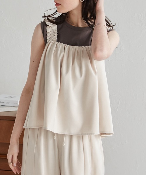 RANAN（ラナン）の「麻調フリルデザインキャミセットアップ（セットアップ・レディース・ブラック/ブラウン/ネイビー/ベージュ・LL/L/M）」の3枚目の写真