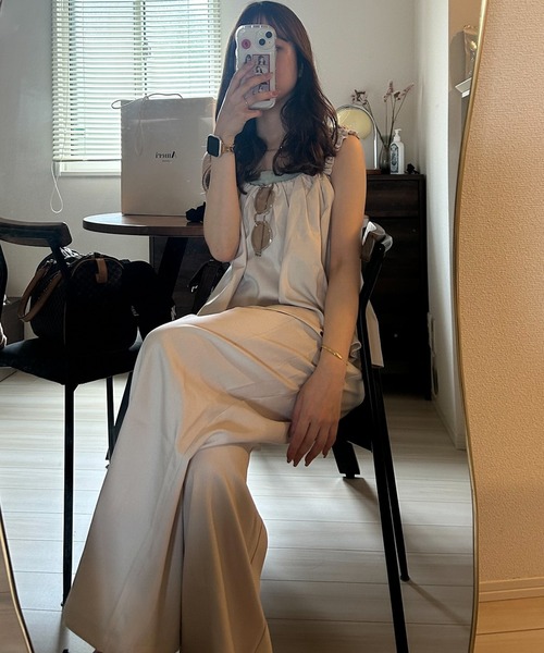 RANAN（ラナン）の「麻調フリルデザインキャミセットアップ（セットアップ・レディース・ブラック/ブラウン/ネイビー/ベージュ・LL/L/M）」の20枚目の写真