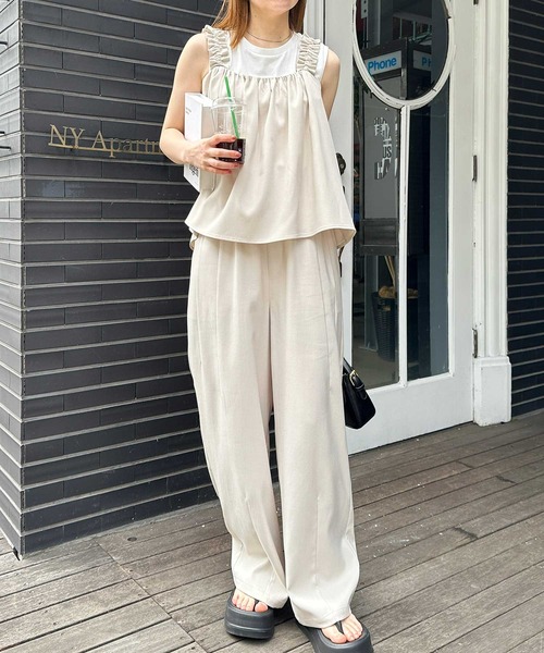 RANAN（ラナン）の「麻調フリルデザインキャミセットアップ（セットアップ・レディース・ブラック/ブラウン/ネイビー/ベージュ・LL/L/M）」の9枚目の写真