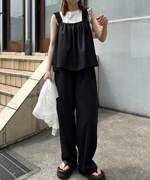 RANAN（ラナン）の「麻調フリルデザインキャミセットアップ（セットアップ・レディース・ブラック/ブラウン/ネイビー/ベージュ・LL/L/M）」の5枚目の写真