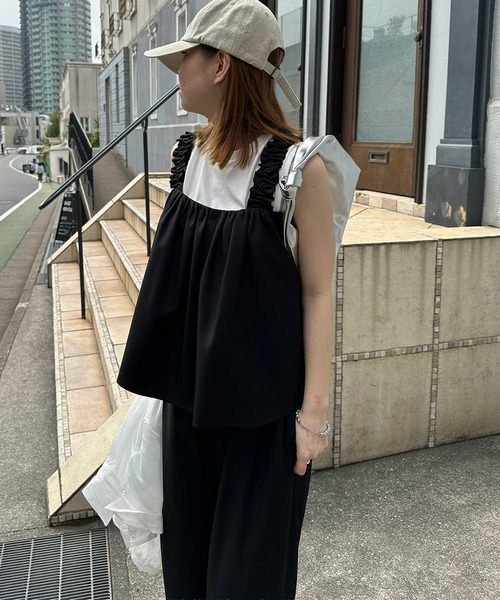 RANAN（ラナン）の「麻調フリルデザインキャミセットアップ（セットアップ・レディース・ブラック/ブラウン/ネイビー/ベージュ・LL/L/M）」の7枚目の写真