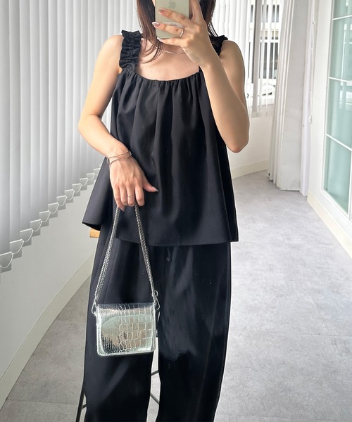 RANAN（ラナン）の「麻調フリルデザインキャミセットアップ（セットアップ・レディース・ブラック/ブラウン/ネイビー/ベージュ・LL/L/M）」の13枚目の写真