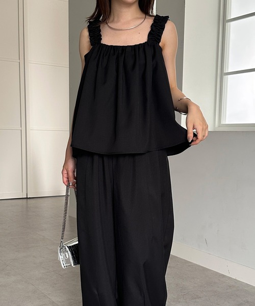 RANAN（ラナン）の「麻調フリルデザインキャミセットアップ（セットアップ・レディース・ブラック/ブラウン/ネイビー/ベージュ・LL/L/M）」の11枚目の写真