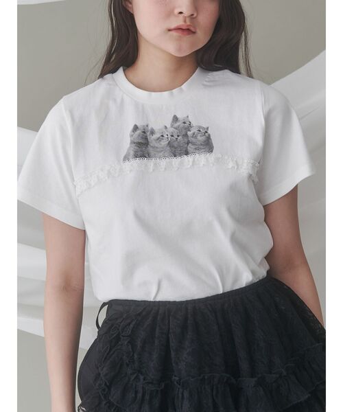 merry jenny（メリージェニー）の「cat frill tee（Tシャツ/カットソー・レディース・ライトブルー/オフホワイト/ピンク・FREE）」の2枚目の写真