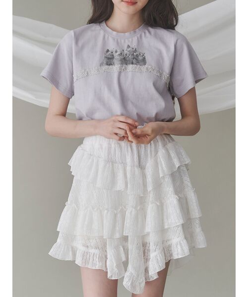 merry jenny（メリージェニー）の「cat frill tee（Tシャツ/カットソー・レディース・ライトブルー/オフホワイト/ピンク・FREE）」の3枚目の写真