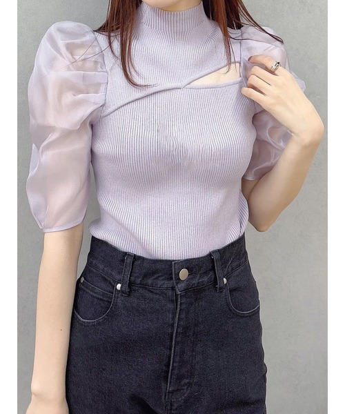 MERCURYDUO（マーキュリーデュオ）の「2WAY異素材パフスリーブカットアウトニット（ニット/セーター・レディース・ラベンダー/オフホワイト/ブラック・FREE）」の3枚目の写真