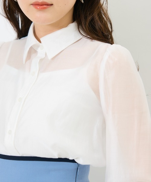 AND COUTURE（アンドクチュール）の「リボンタイ付きオーガンジーシャツ（シャツ/ブラウス・レディース・ベージュ/ブルー/オフホワイト・FREE）」の15枚目の写真