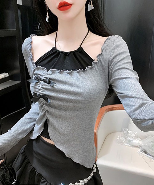 Lace Ladies(レースレディース)の「リボン付き メロウフリル Uネック 長袖 カットソー(Tシャツ/カットソー・レディース・グレー・M)」の2枚目の写真