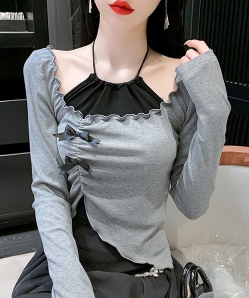 Lace Ladies(レースレディース)の「リボン付き メロウフリル Uネック 長袖 カットソー(Tシャツ/カットソー・レディース・グレー・M)」の3枚目の写真