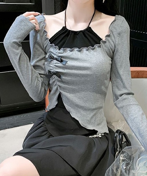 Lace Ladies(レースレディース)の「リボン付き メロウフリル Uネック 長袖 カットソー(Tシャツ/カットソー・レディース・グレー・M)」の4枚目の写真