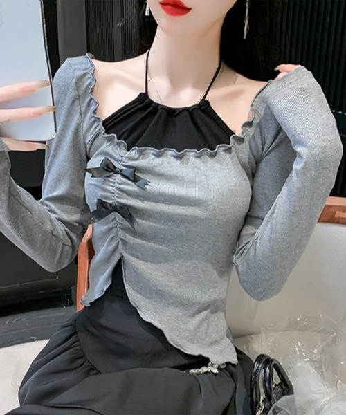 Lace Ladies(レースレディース)の「リボン付き メロウフリル Uネック 長袖 カットソー(Tシャツ/カットソー・レディース・グレー・M)」の5枚目の写真