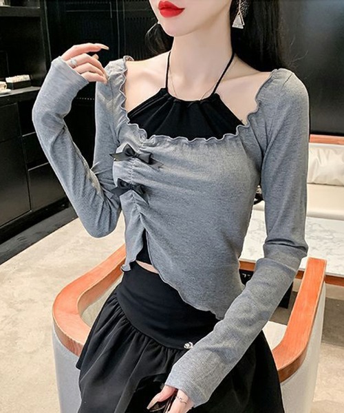 Lace Ladies(レースレディース)の「リボン付き メロウフリル Uネック 長袖 カットソー(Tシャツ/カットソー・レディース・グレー・M)」の6枚目の写真