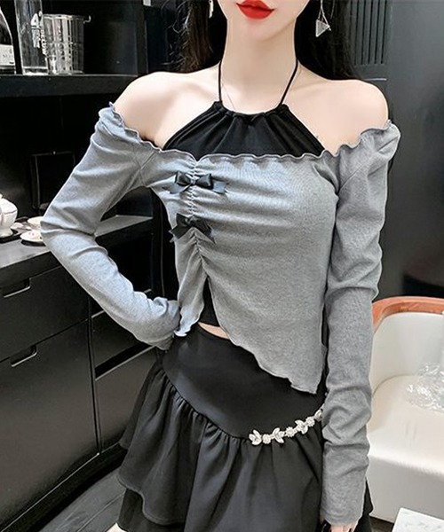 Lace Ladies(レースレディース)の「リボン付き メロウフリル Uネック 長袖 カットソー(Tシャツ/カットソー・レディース・グレー・M)」の7枚目の写真